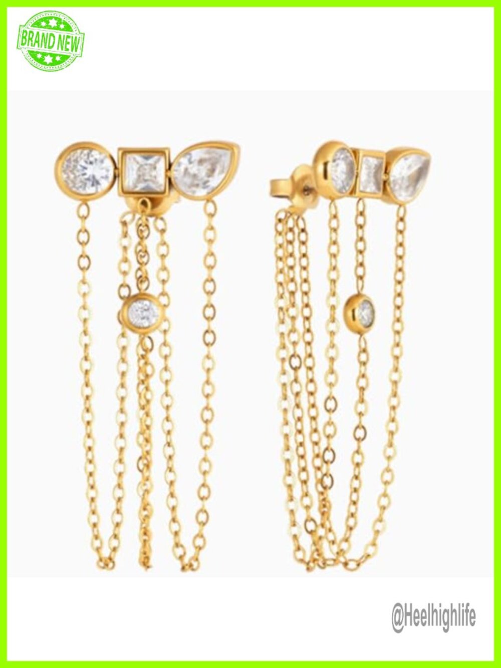 Gold Plated Brass CZ Tassel Chain Drop Dangle Earrings Women Jewelry